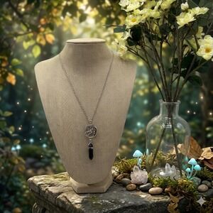 Fairy Moon Crystal Point Necklace Silver Tone Blue Goldstone Pendant Mystical